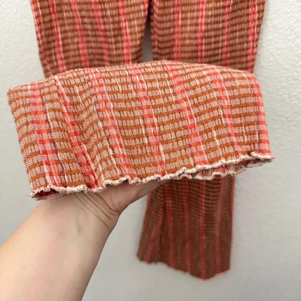 Free People Fine Line High Rise Plaid Flare Boho Ankle Pant in Rust Combo XS NEW